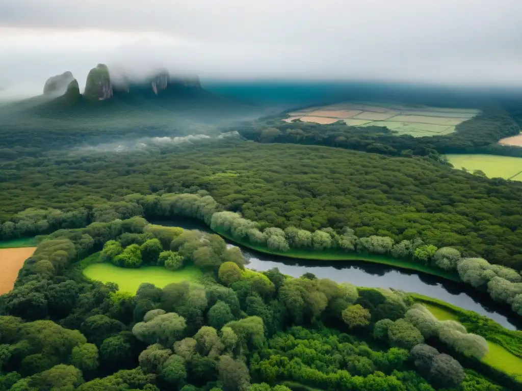 Vista aérea de Uruguay con paisajes verdes, ríos y sitios arqueológicos antiguos