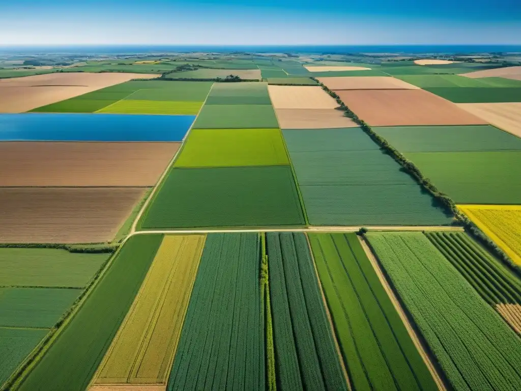 Vista aérea de paisajes verdes en Uruguay con campos agrícolas y tecnología moderna, simbolizando la transformación digital en Uruguay