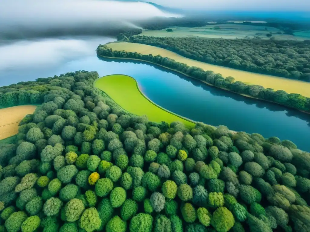 Vista aérea de paisajes vibrantes en Uruguay con un dron capturando la belleza natural