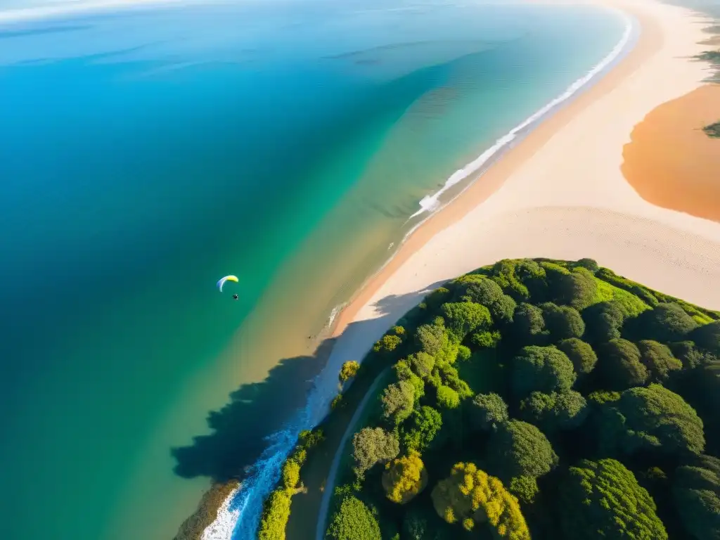 Vista aérea desde parapente sobre costa de Uruguay, con el Océano Atlántico y paisaje dorado, ¡experiencias auténticas de parapente en Uruguay!