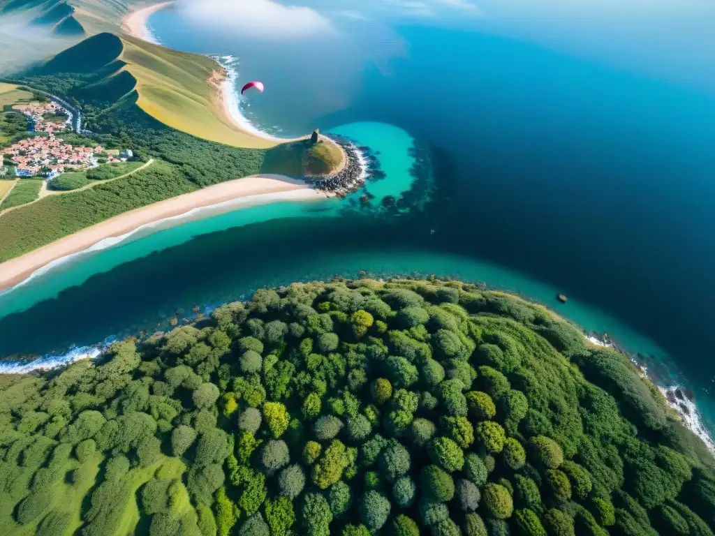 Vista aérea desde parapente sobre paisaje de Uruguay con colinas verdes, costa serena y cielo azul