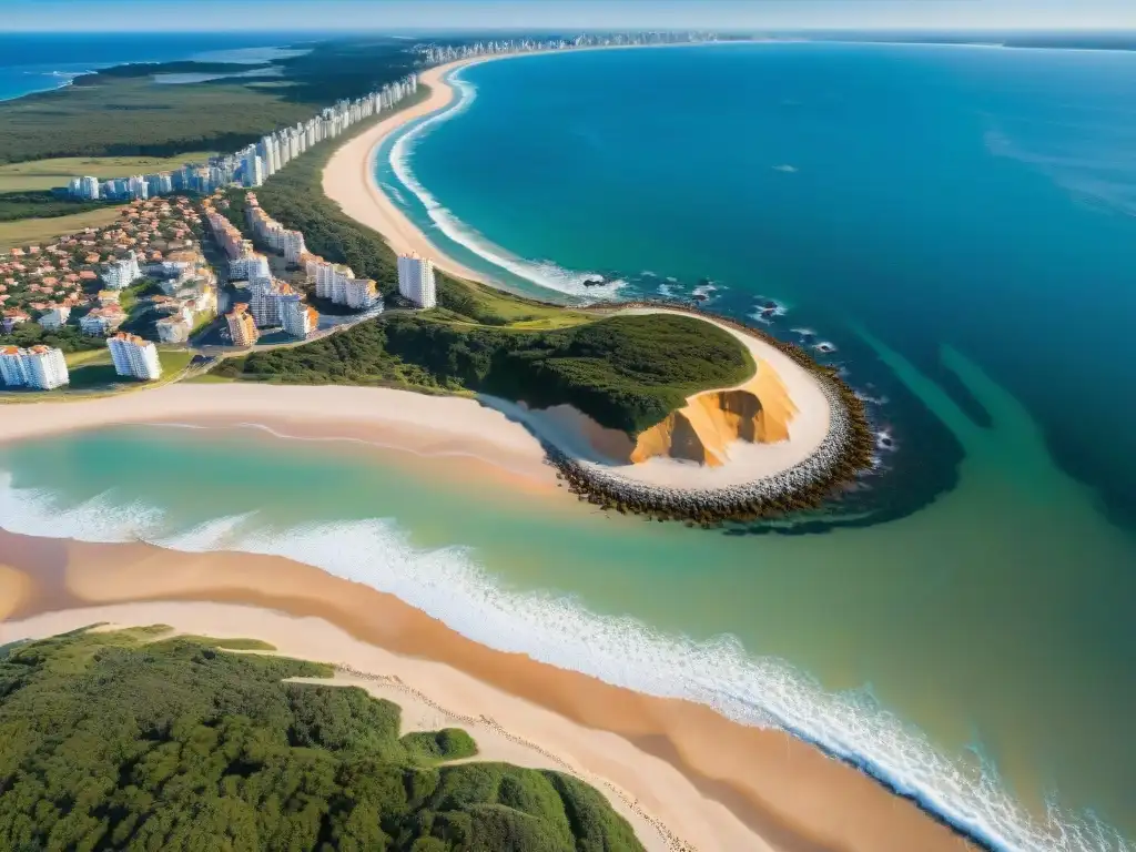 Vista aérea de las playas de Punta del Este con la icónica escultura de La Mano, ideal para Seguros de viaje para Uruguay