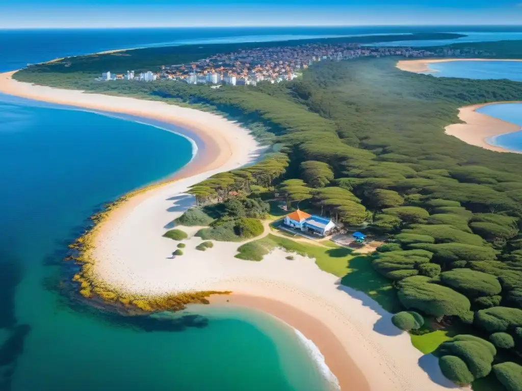 Vista aérea de las playas de Punta del Este, Uruguay, con aguas cristalinas, arena dorada y la escultura de la mano