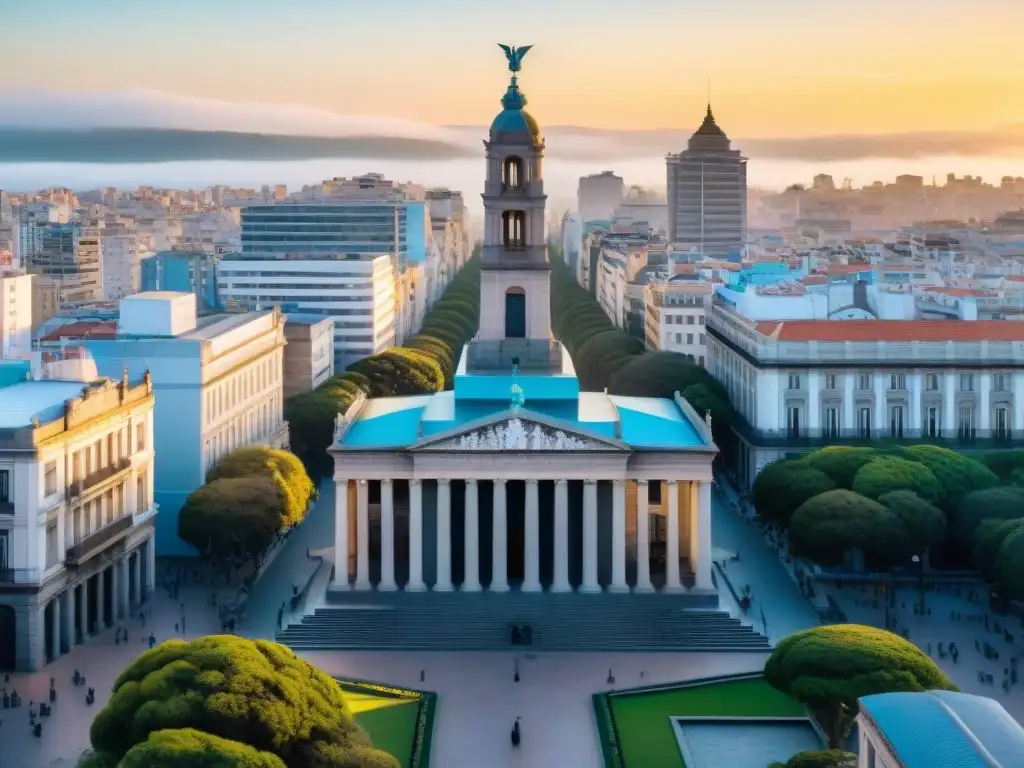 Vista aérea de Plaza Independencia en Montevideo con el Mausoleo de Artigas, simbolizando el legado revolucionario artiguista en la identidad uruguaya