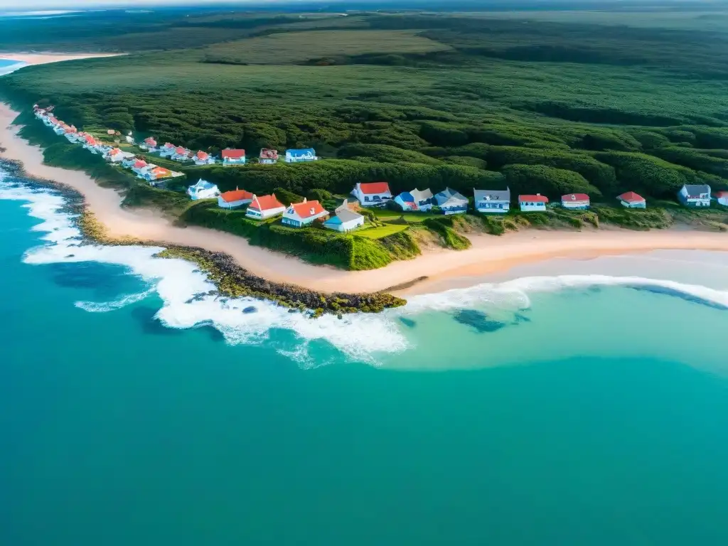 Vista aérea de Punta del Diablo: costa agreste, mar turquesa y bosque verde que rodea la aldea, mostrando armonía con el santuario natural