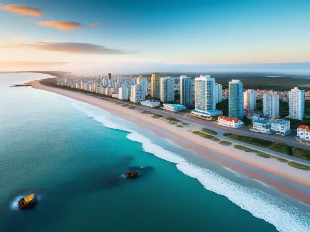 Vista aérea de Punta del Este, Uruguay: playas doradas, agua turquesa, ciudad costera, atardecer cálido