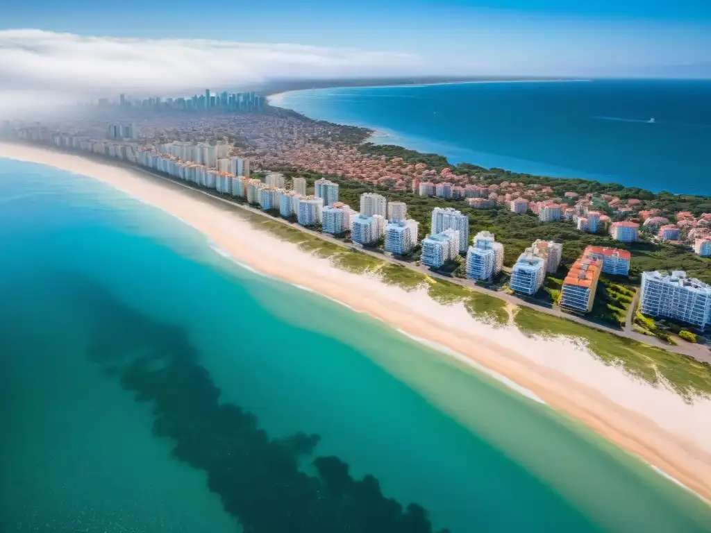 Vista aérea de Punta del Este Virtual con playas blancas, aguas turquesas y propiedades de lujo en la costa