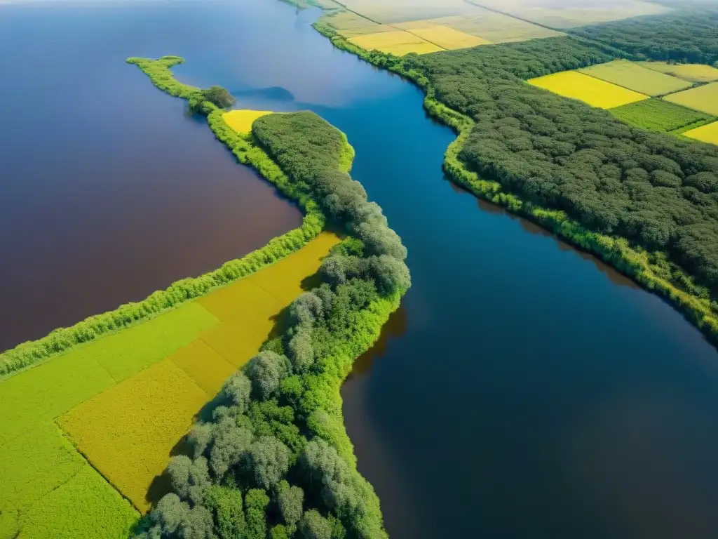 Vista aérea de la red de agua y vegetación en los bañados uruguayos, mostrando la influencia humana