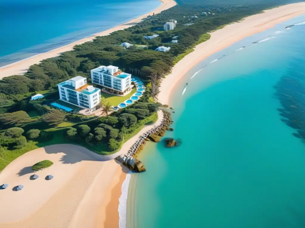 Vista aérea de restaurantes de lujo en Uruguay con vista al mar, bañados por la luz dorada del sol y aguas turquesas del océano Atlántico