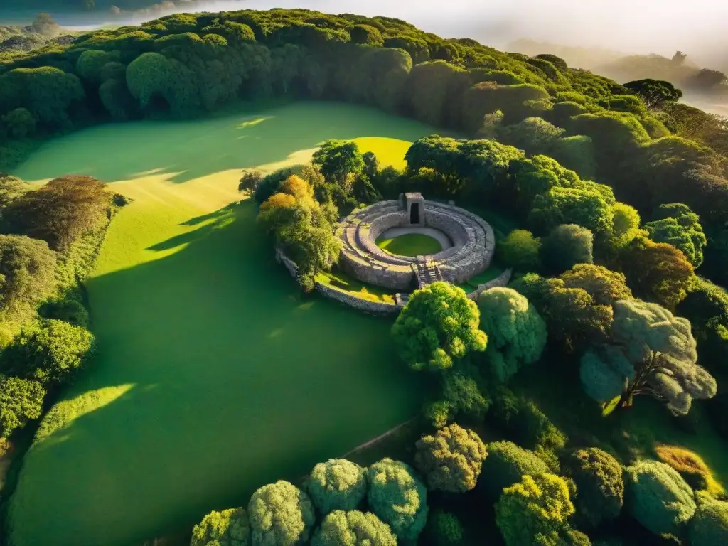 Vista aérea de ruinas indígenas en Uruguay, resaltando la arquitectura y la integración con la naturaleza