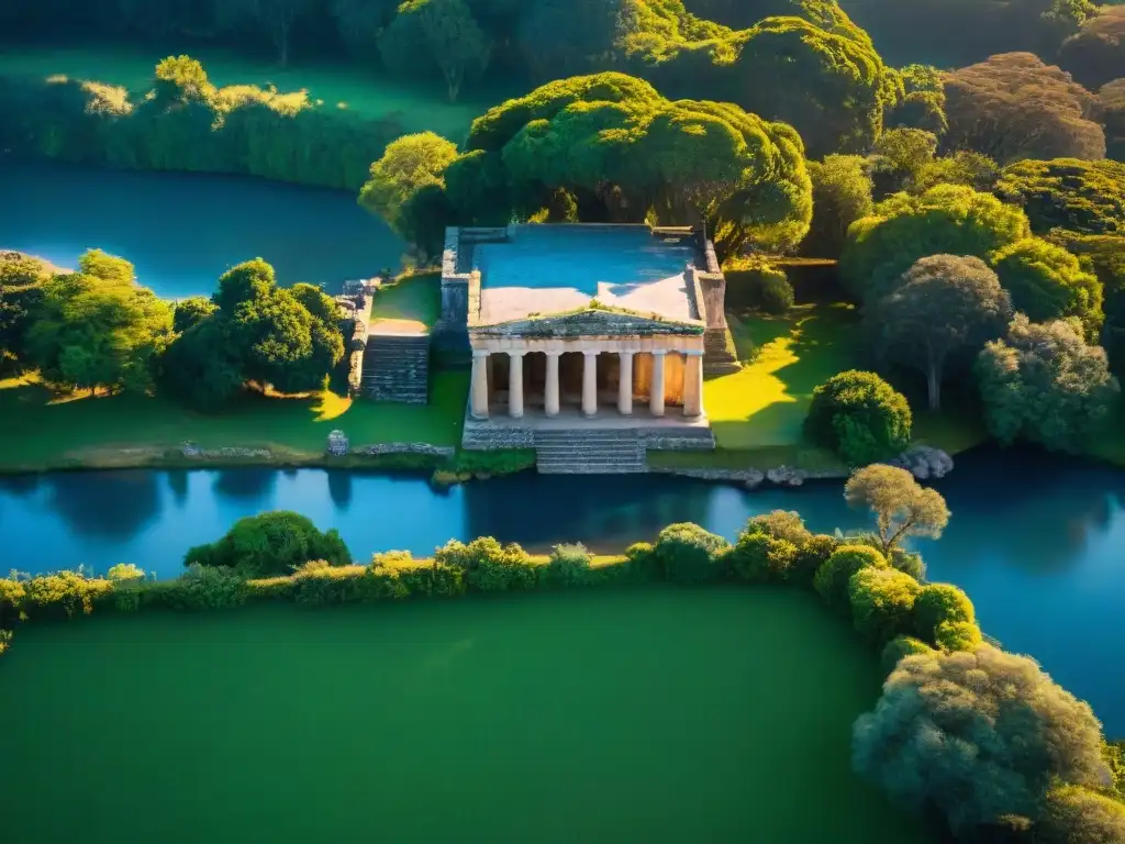 Vista aérea de las ruinas de Tapera en Uruguay, con sus estructuras de piedra entre vegetación exuberante y cielo azul