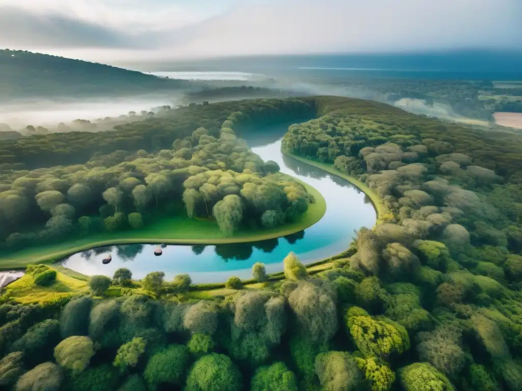 Vista aérea de spa en Uruguay rodeado de naturaleza exuberante y río, ideal para los mejores paquetes spa Uruguay