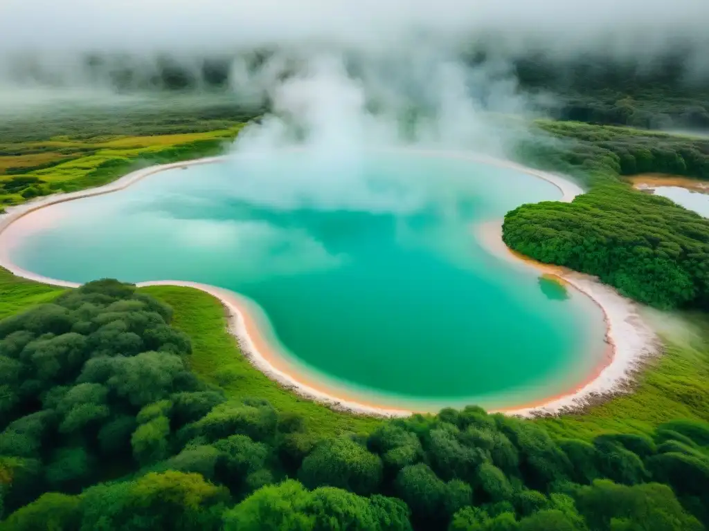 Vista aérea de las Termas de Uruguay con paisajes verdes, aguas cristalinas y vapor, que transmiten tranquilidad y beneficios para la salud