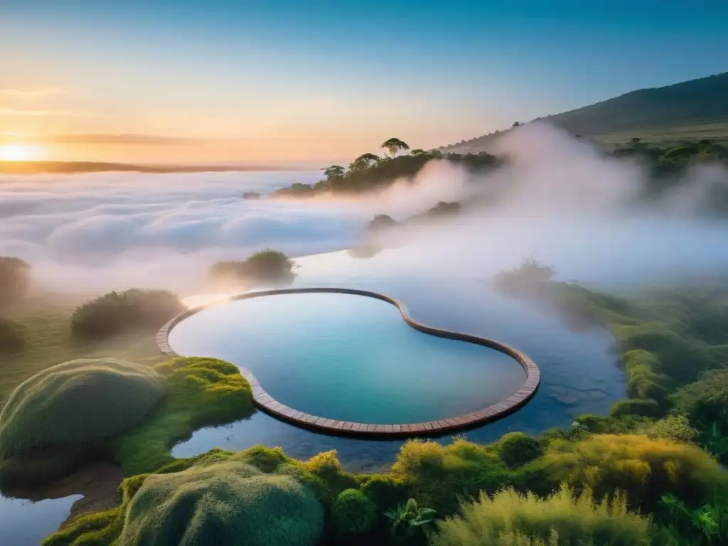 Vista aérea de las termas uruguayas al atardecer, rodeadas de vegetación exuberante y vapor de agua, reflejando la calma y las propiedades curativas