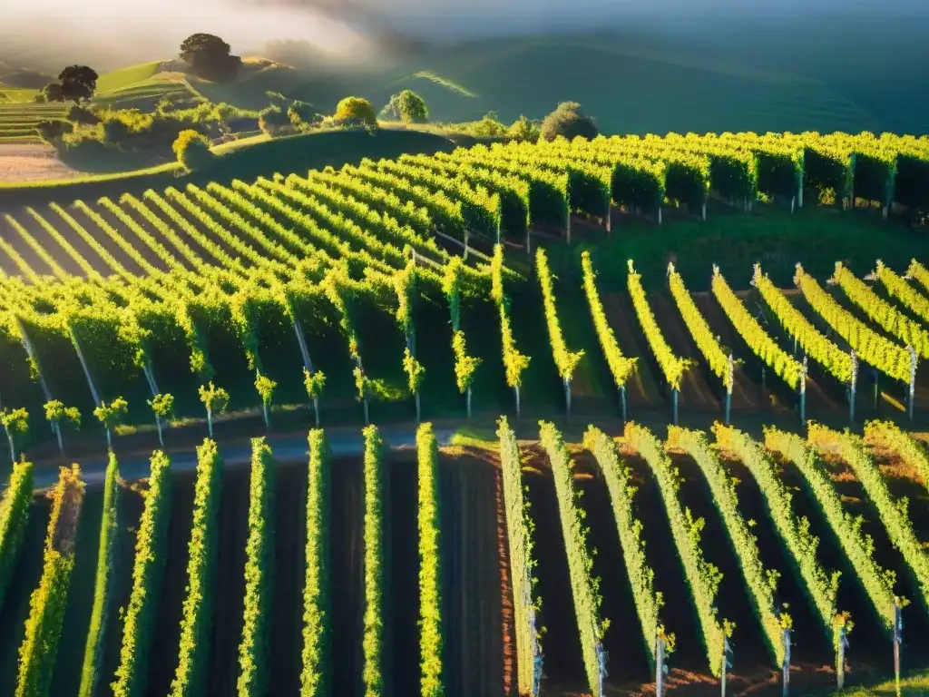 Vista aérea de viñedos en Uruguay al atardecer, Regiones vinícolas Uruguay características