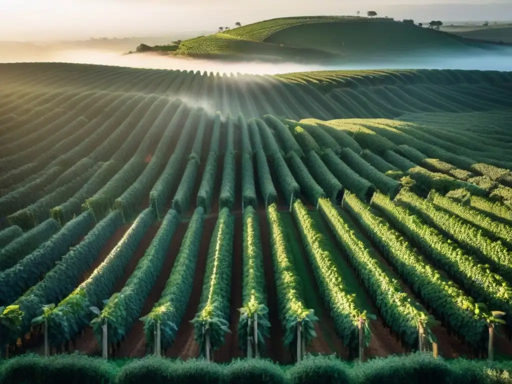 Vista detallada del amanecer sobre plantaciones de café en Uruguay, destacando la belleza de la Ruta del café en Uruguay