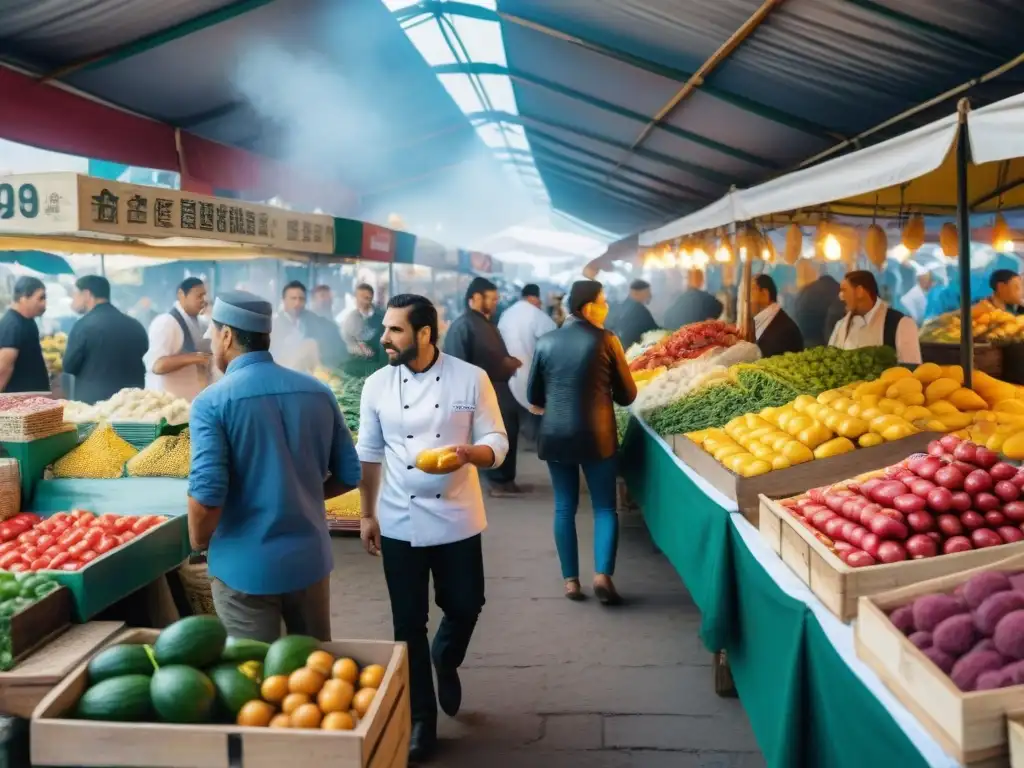 Una vista detallada de un animado mercado de alimentos en Uruguay, mostrando una variedad de productos frescos y chefs interactuando con clientes