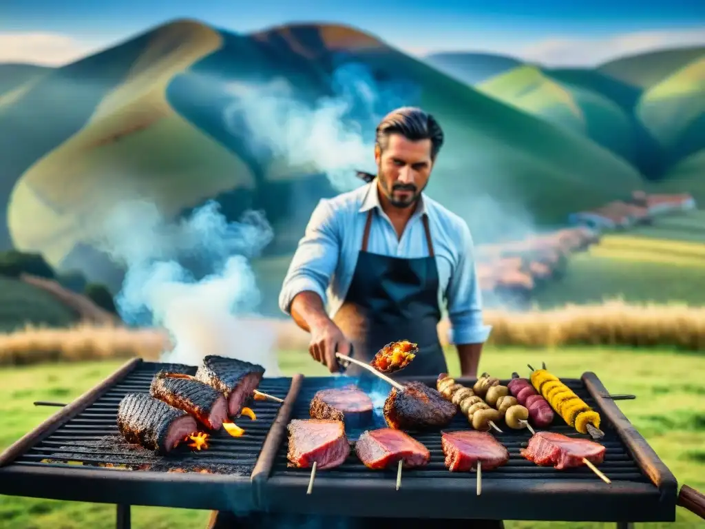 Vista detallada de un asado tradicional uruguayo en Durazno, con gauchos y carnes a la parrilla