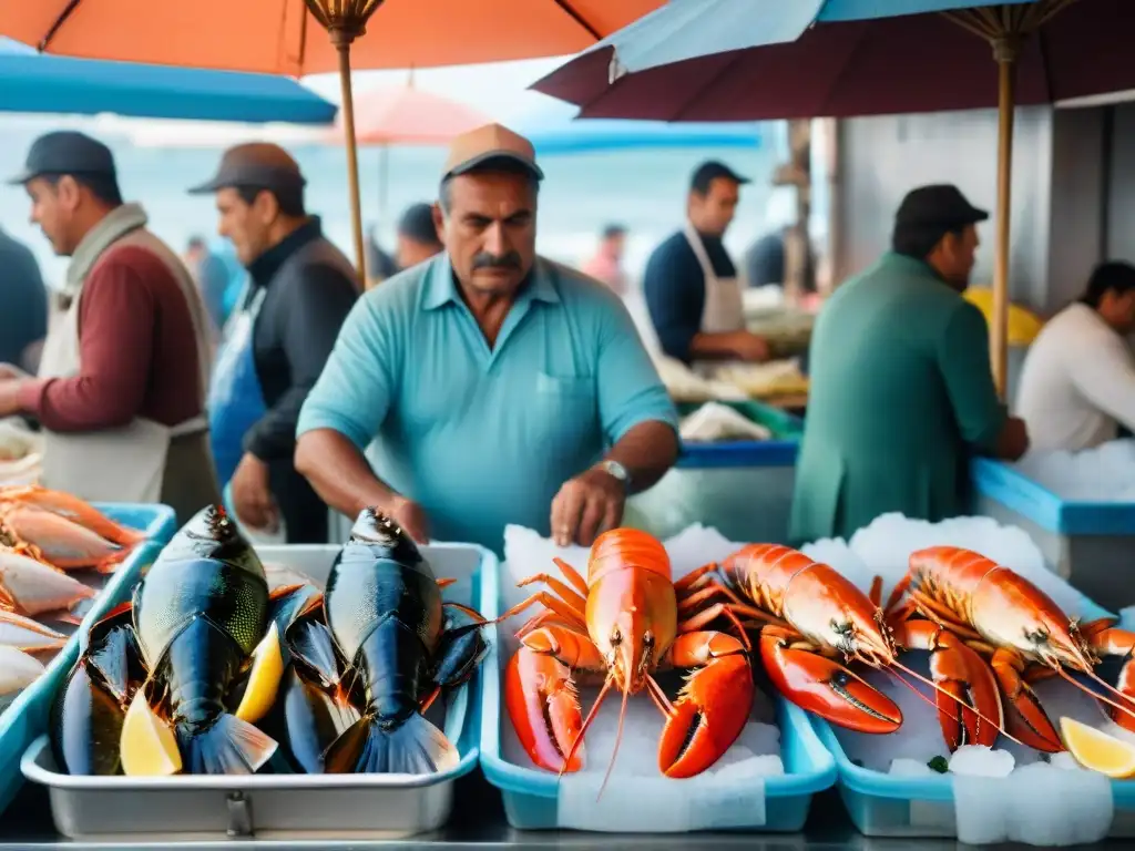 Vista detallada de un bullicioso mercado de pescados y mariscos frescos en Uruguay