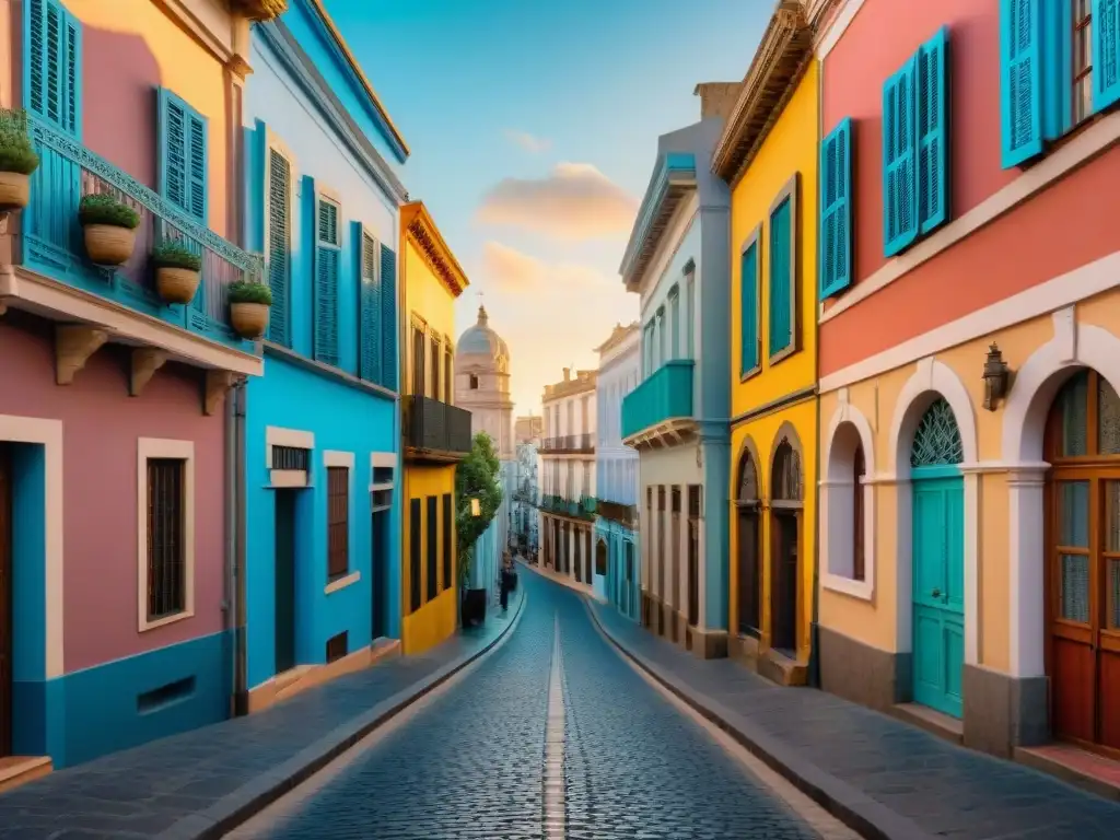 Vista detallada de las calles empedradas del Barrio Reus en Montevideo, Uruguay, con arquitectura europea y fachadas coloridas