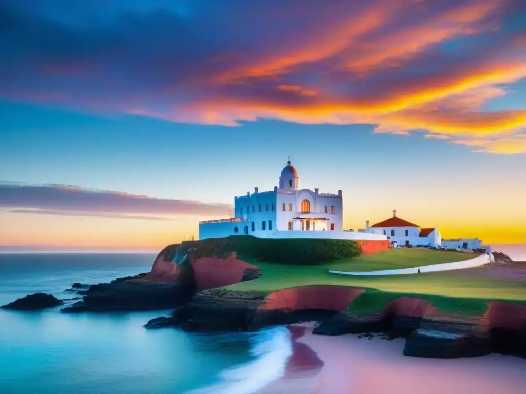 Una vista detallada de Casapueblo en Punta Ballena, Uruguay, al atardecer