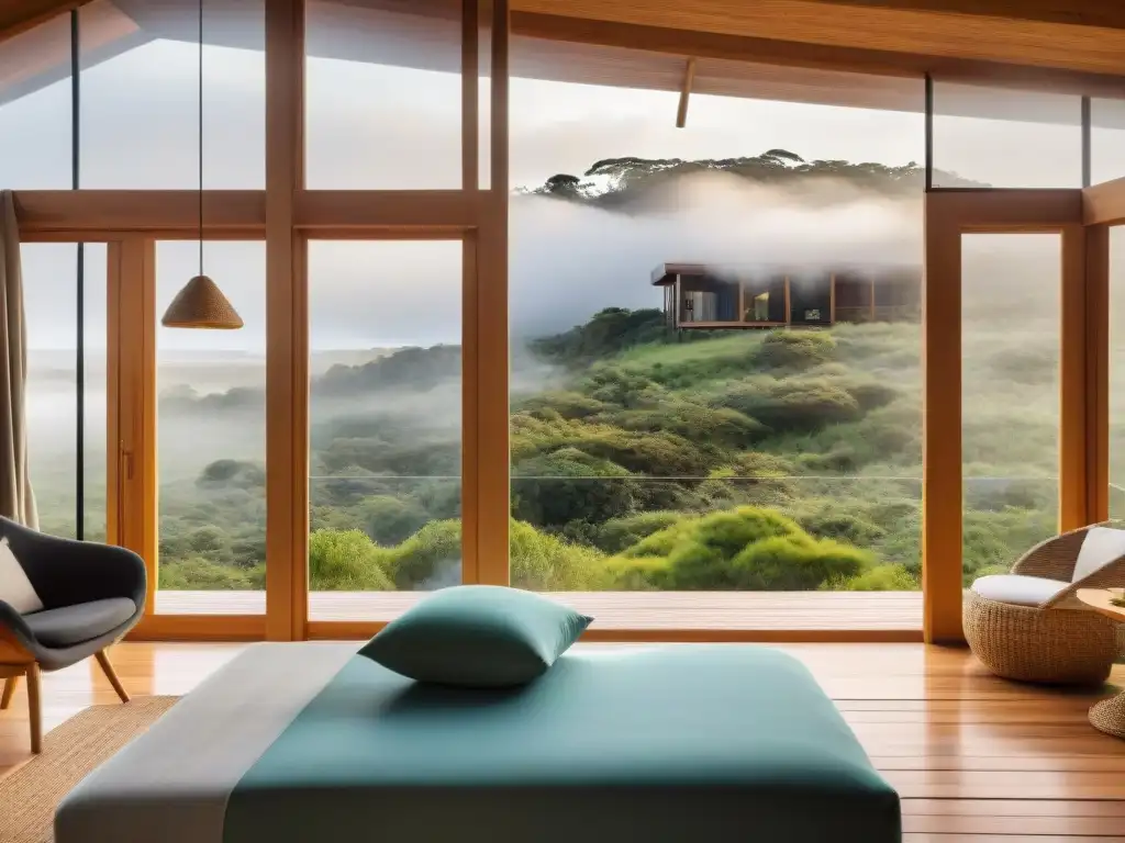 Vista detallada de un ecolodge sostenible en Uruguay, integrado con la naturaleza