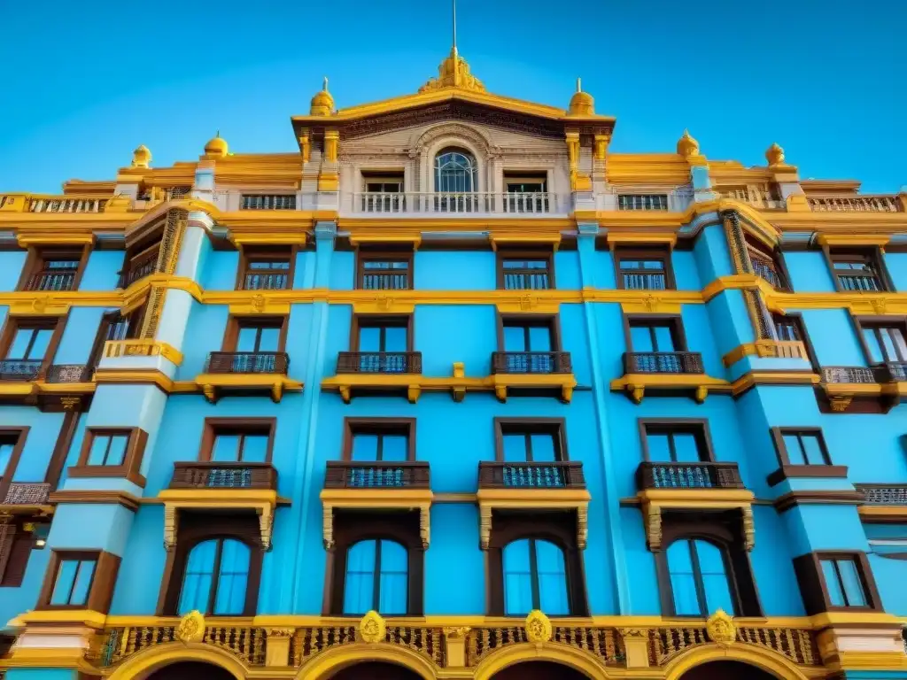 Vista detallada del icónico Palacio Salvo en Montevideo, Uruguay, fusionando historia y cultura urbana