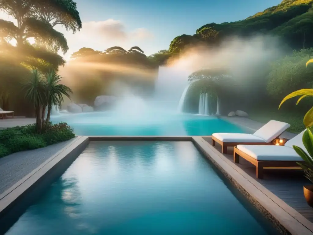 Vista detallada de un lujoso spa en Uruguay al atardecer, con una piscina termal rodeada de vegetación exuberante