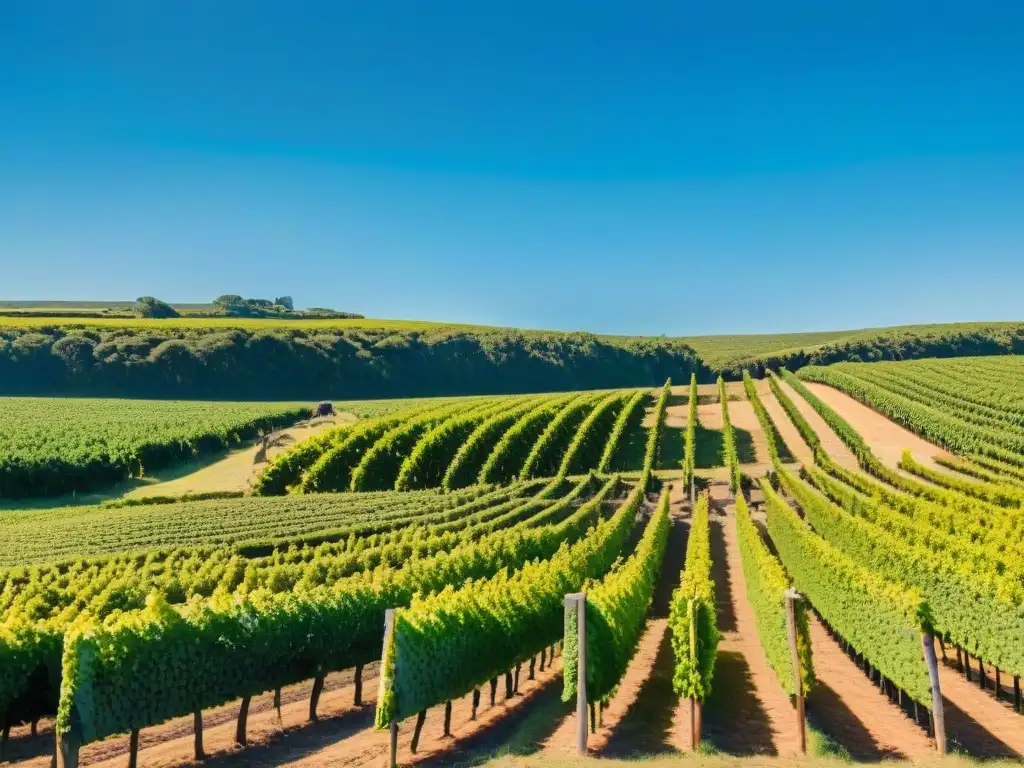 Una vista detallada de una serena bodega uruguaya, donde el arte del vino se fusiona con la cultura en un paisaje verde y auténtico