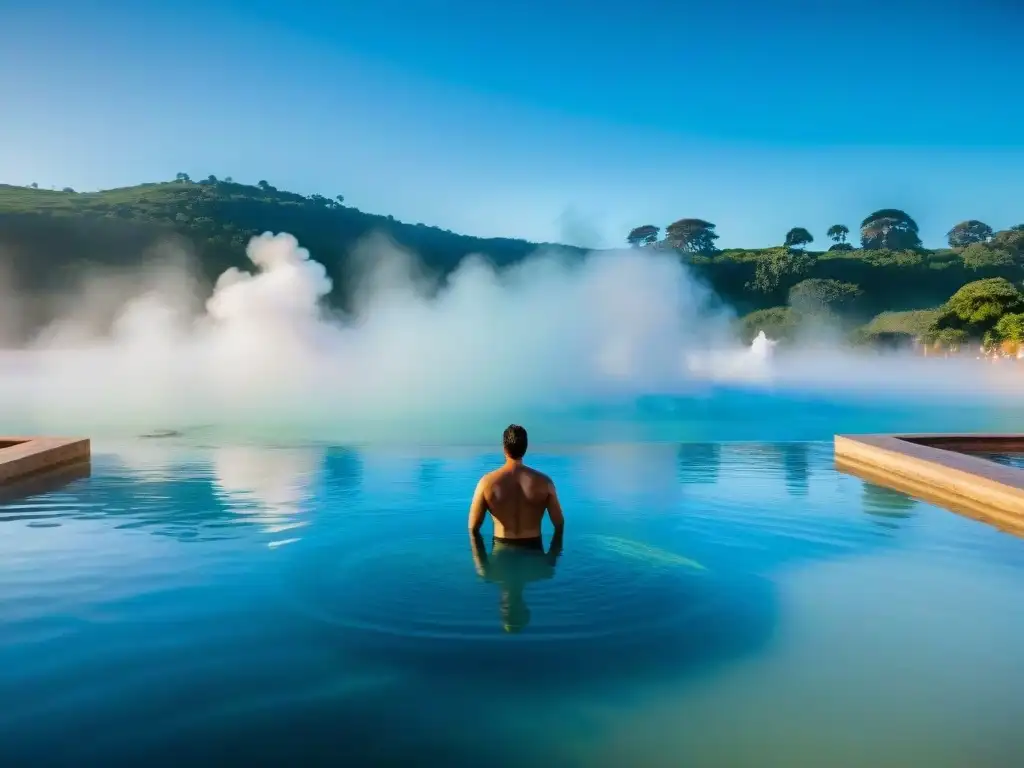 Vista detallada de una tranquila piscina termal en Uruguay, rodeada de exuberante vegetación con vapor ascendente