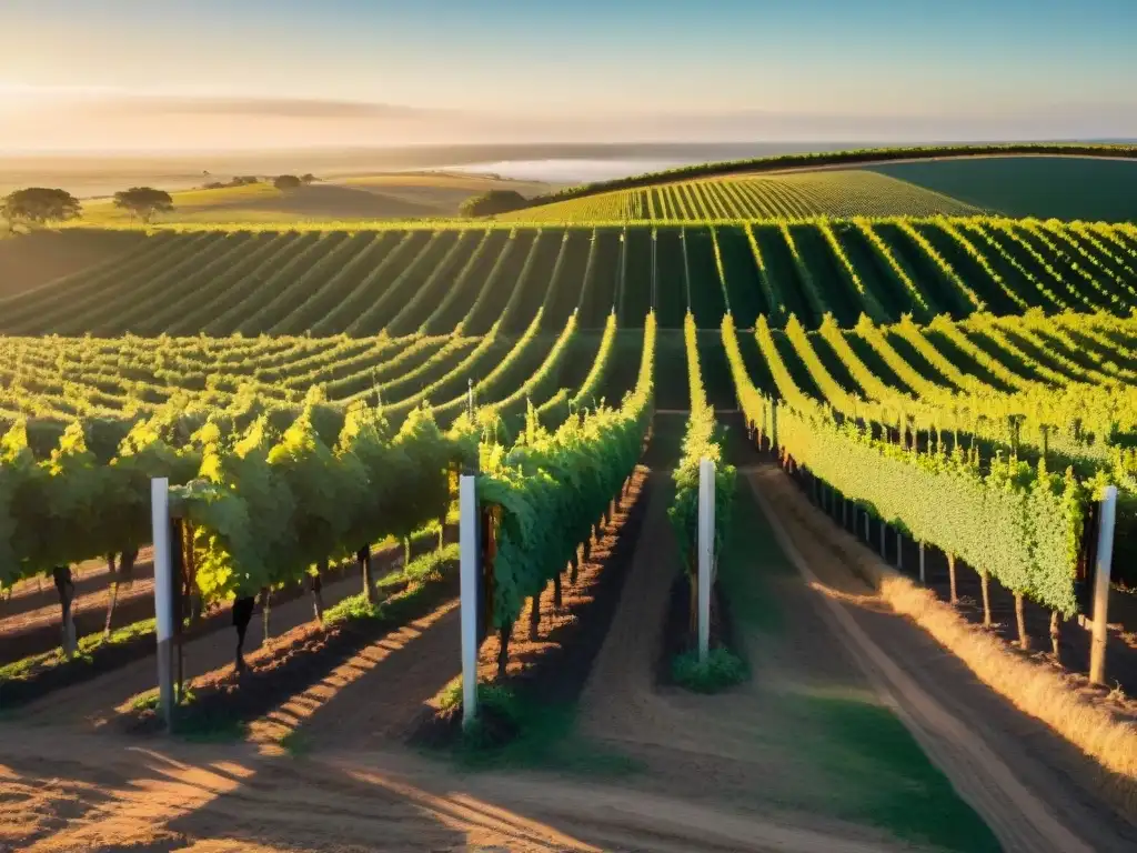 Vista detallada de un viñedo en Uruguay al atardecer, con trabajadores cosechando uvas