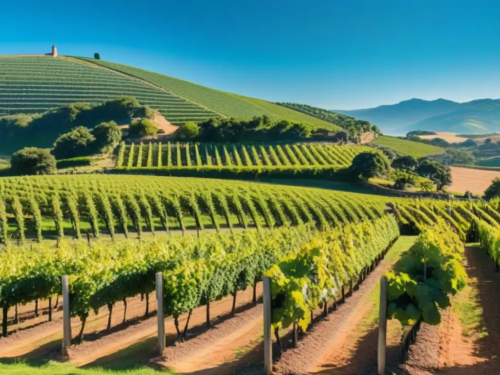 Una vista detallada de un viñedo en Uruguay con las mejores vides de Tannat, bañadas por el sol y rodeadas de colinas