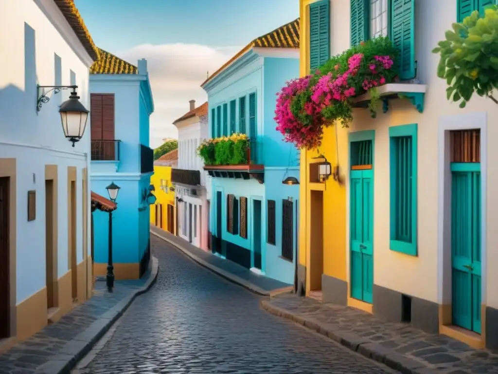 Vista encantadora del Barrio Histórico Colonia Sacramento con edificios coloniales coloridos, calles empedradas y lugareños en actividad