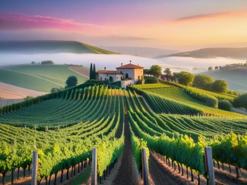 Vista espectacular de un viñedo al atardecer, con uvas verdes bajo un cielo colorido