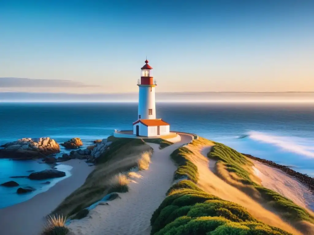 Vista impresionante de Punta del Este en Uruguay con su icónico faro, playas doradas y gaviotas en el cielo azul