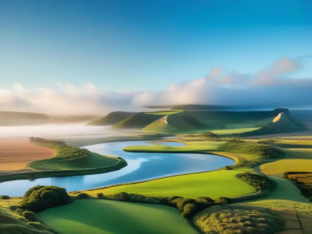 Vista impresionante de Uruguay: colinas verdes, río sereno y aves nativas vuelan