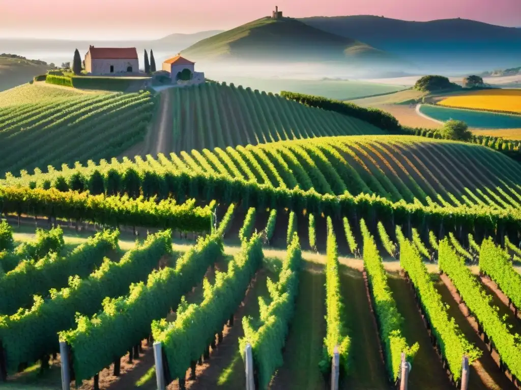 Una vista impresionante de los viñedos de Uruguay al atardecer con una bodega tradicional al fondo, perfecta para catas de vino Uruguay