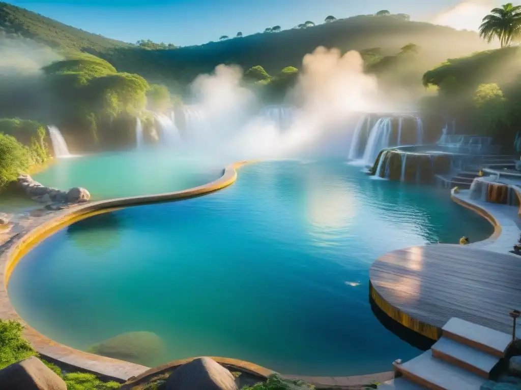 Vista de las impresionantes aguas termales en Salto, Uruguay, con vapor ascendente y un entorno de exuberante vegetación