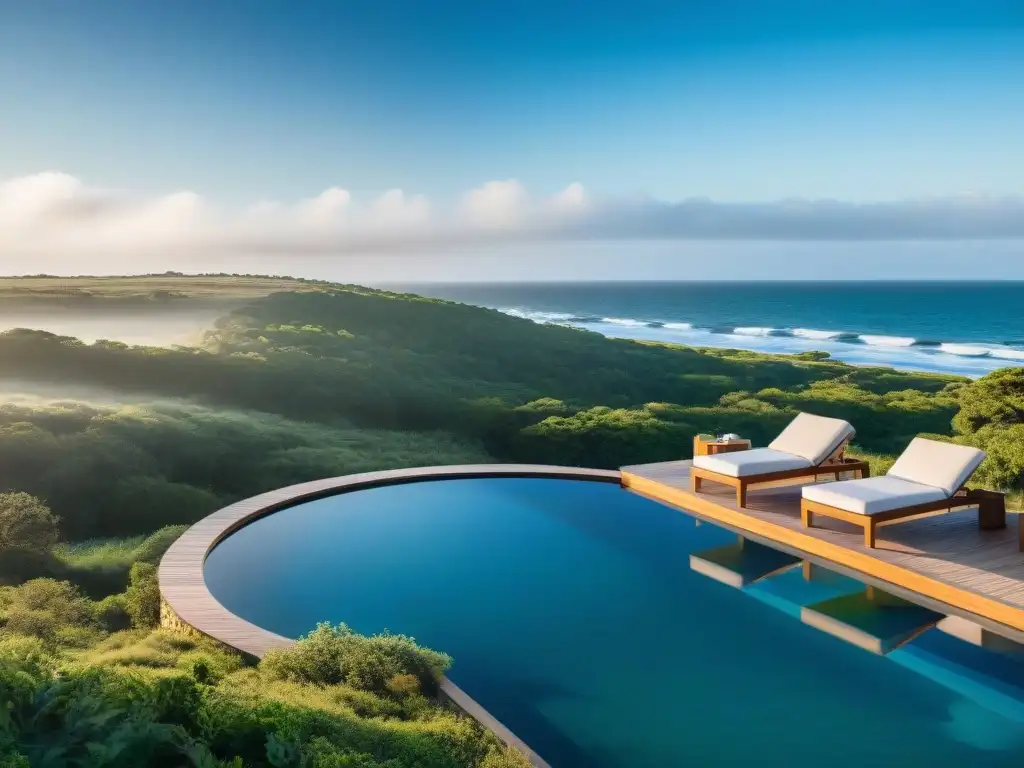 Vista de lujo sostenible en Uruguay: piscina infinita, naturaleza exuberante, huéspedes relajados en hamacas de materiales reciclados