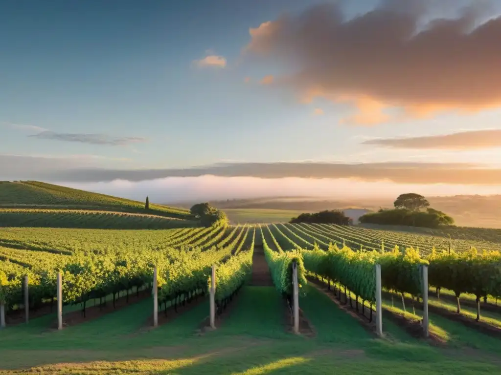 Vista mágica de viñedo uruguayo al atardecer, trabajadores cuidan vides