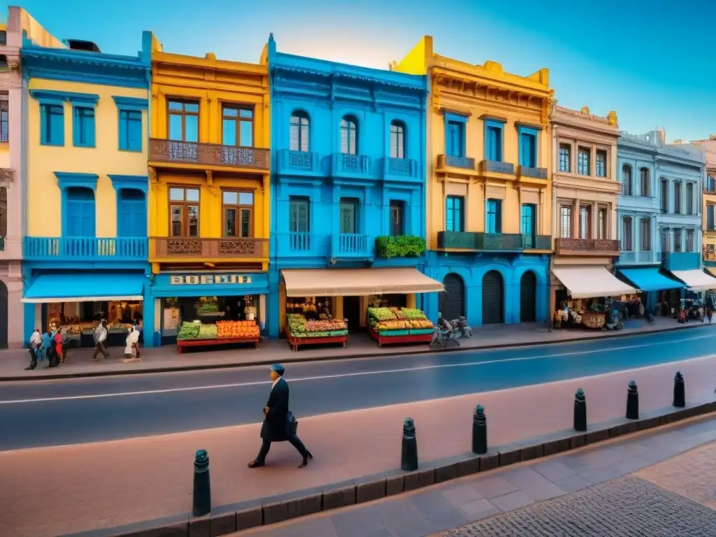 Vista panorámica de una bulliciosa calle en Montevideo, Uruguay, con coloridos edificios tradicionales y detallada arquitectura