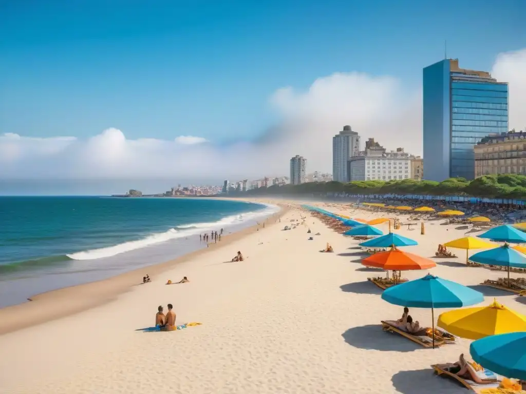 Vista panorámica de una bulliciosa playa urbana en Montevideo con gente disfrutando de diversas actividades playeras