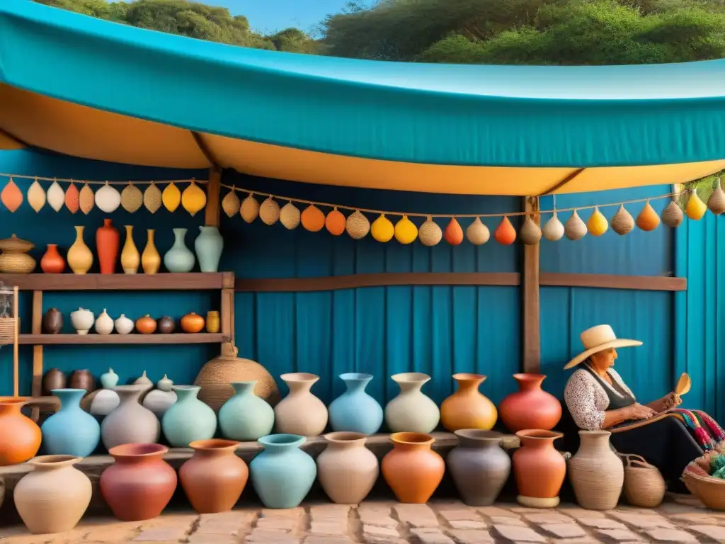 Una vista panorámica de un bullicioso mercado artesanal en Uruguay, con coloridos artículos hechos a mano y artesanos presentando su hermoso trabajo