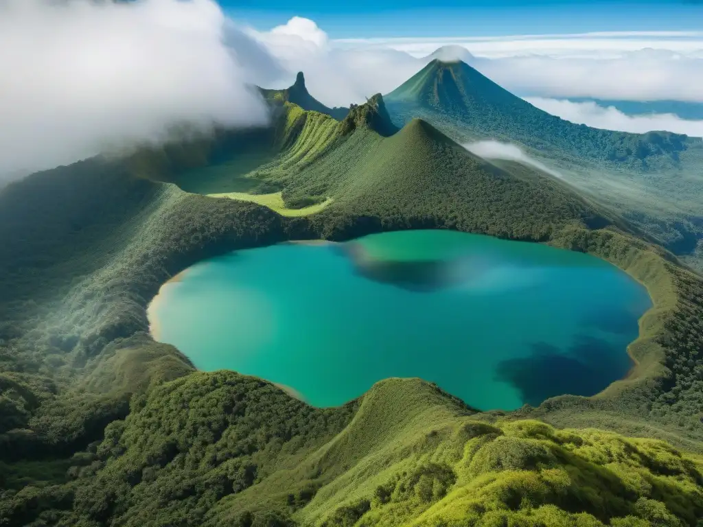 Vista panorámica desde Cerro Chato en Uruguay, con Laguna esmeralda en cráter verde