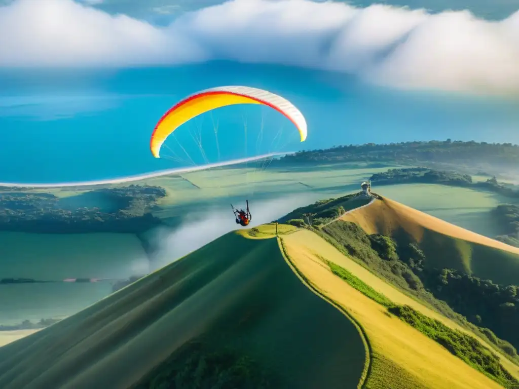 Vista panorámica desde Cerro Catedral en Uruguay con parapente en el aire