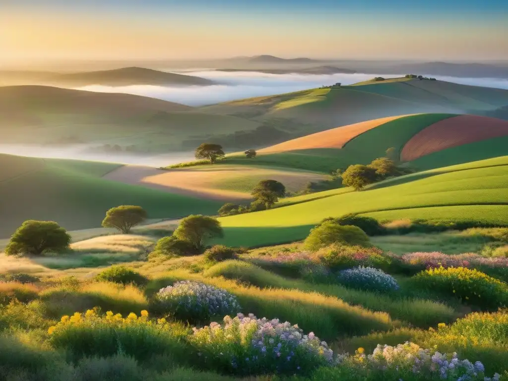 Vista panorámica desde la cima de una colina verde en las Sierras de Uruguay, con flores silvestres y neblina