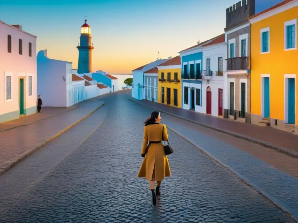 Vista panorámica de Colonia del Sacramento al atardecer, con sus calles empedradas y edificios coloniales coloridos