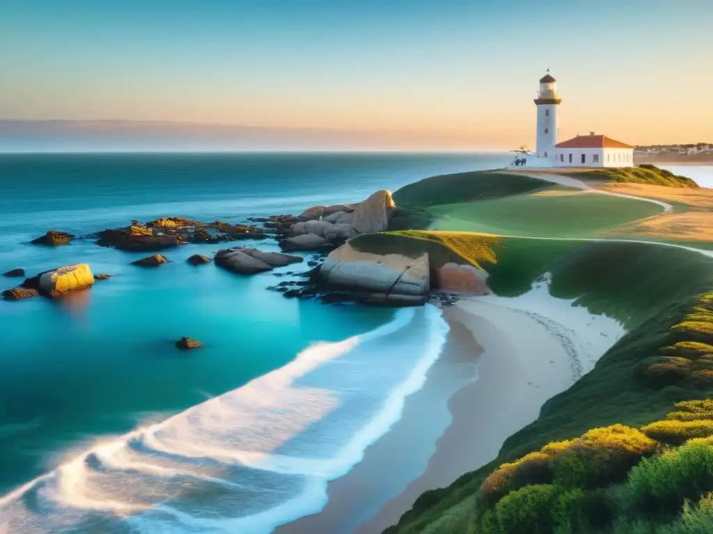 Vista panorámica de la costa de Punta del Este al atardecer, resaltando la belleza de Uruguay