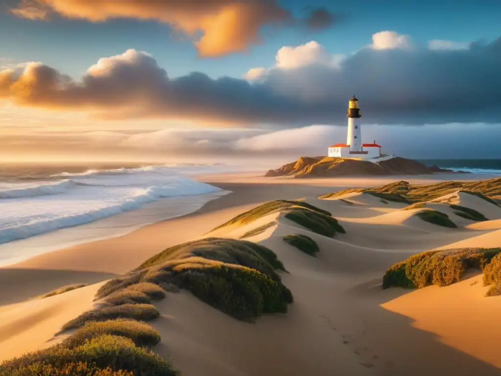 Una vista panorámica impresionante de Cabo Polonio, con dunas, mar agitado y un faro solitario