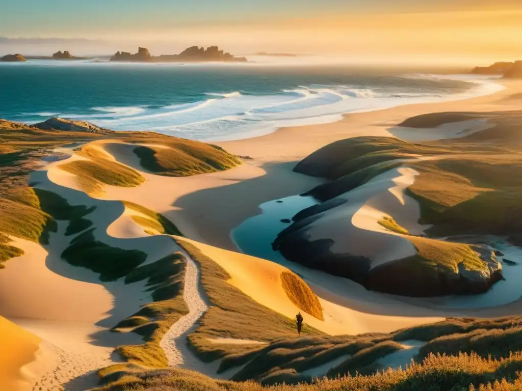 Una vista panorámica impresionante de la costa agreste de Cabo Polonio al atardecer, con senderistas explorando y lobos marinos al fondo